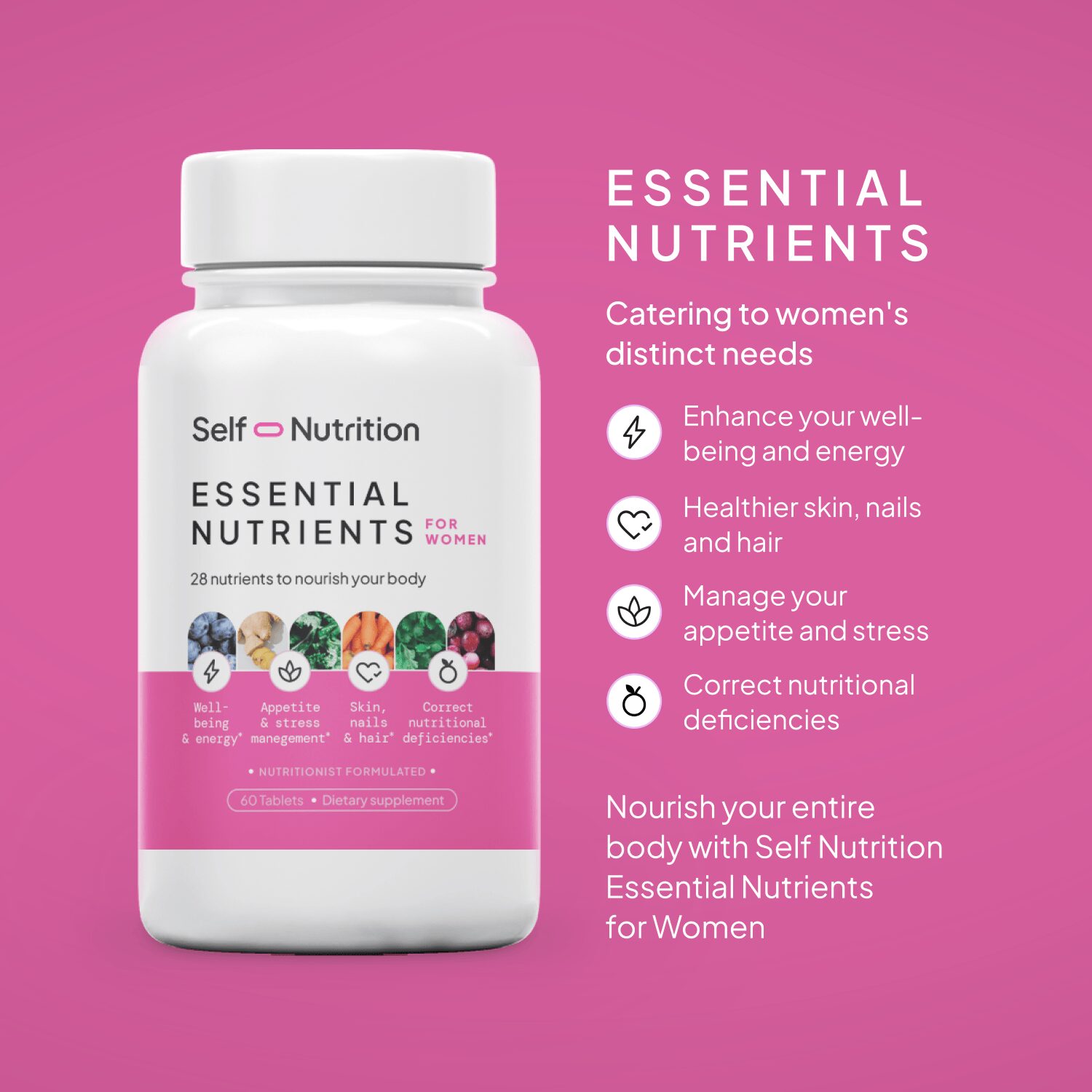 White bottle of Essential Nutrients for Women supplement on pink background showing 28 vitamins and minerals on the label