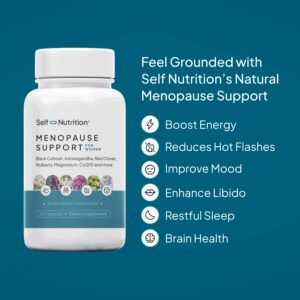White bottle of Menopause Support for Women supplement with blue label, 60 capsules