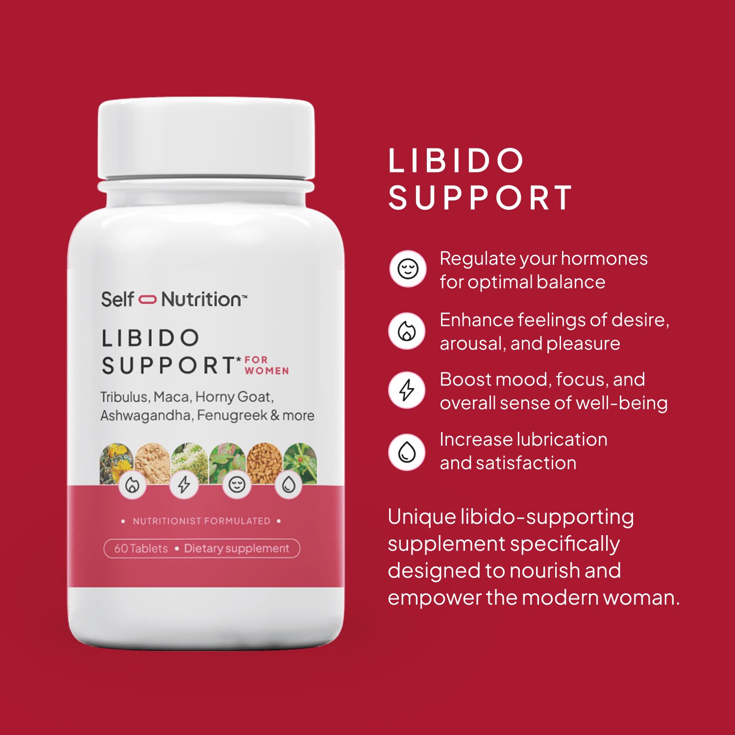 White bottle of Self Nutrition Libido Support for Women supplement with pink accents on a red background