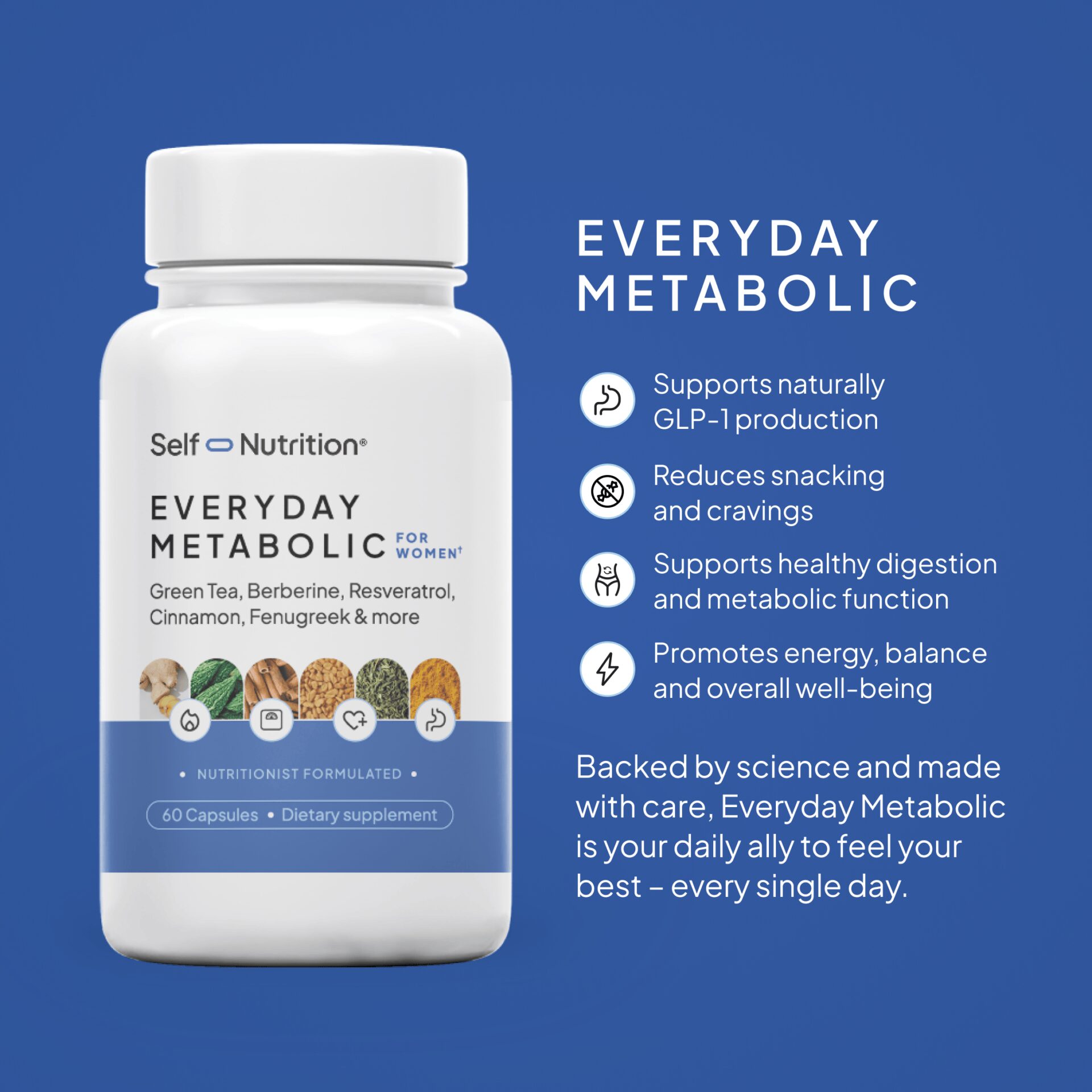 'Everyday Metabolic for Women' with blue accents on a blue background