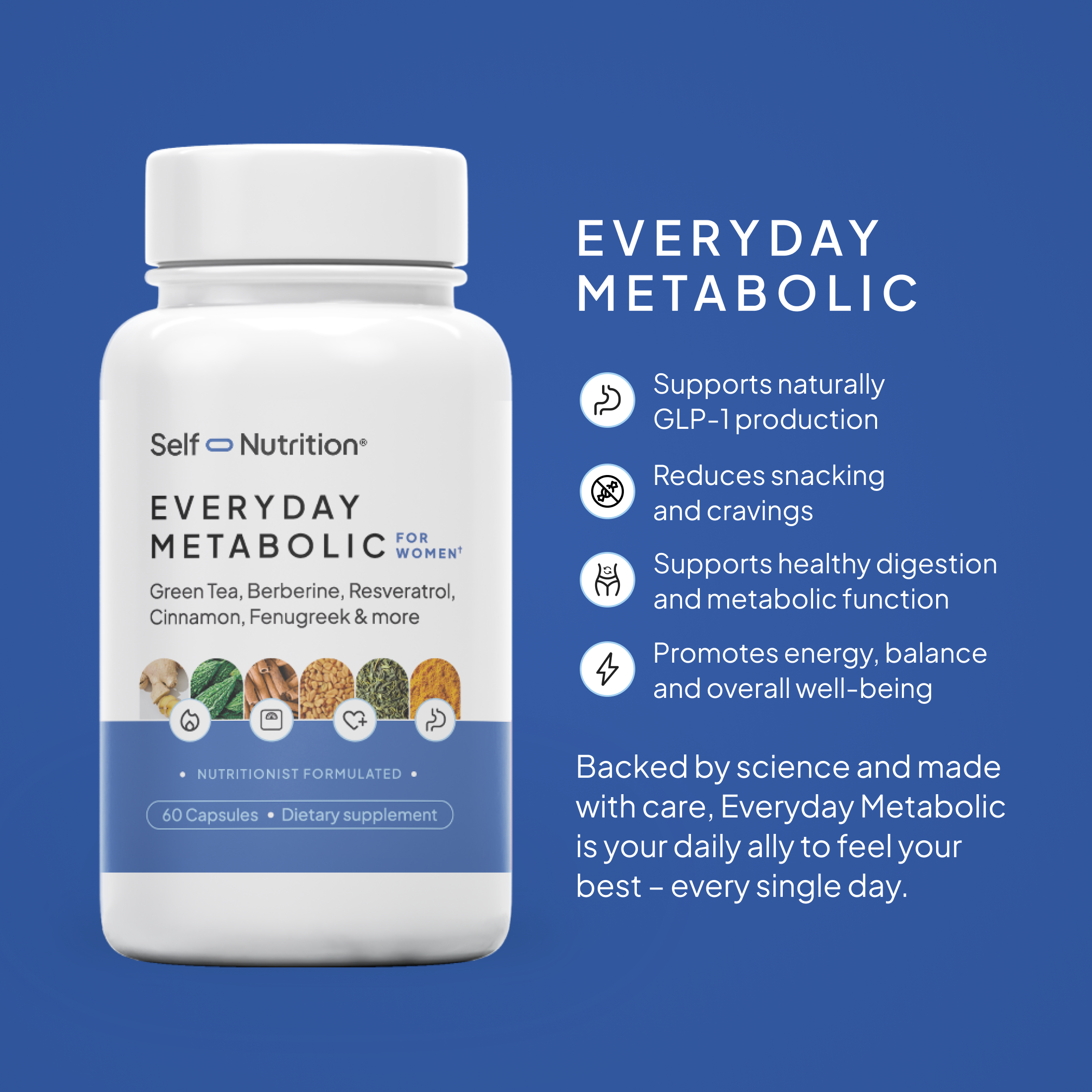 'Everyday Metabolic for Women' with blue accents on a blue background